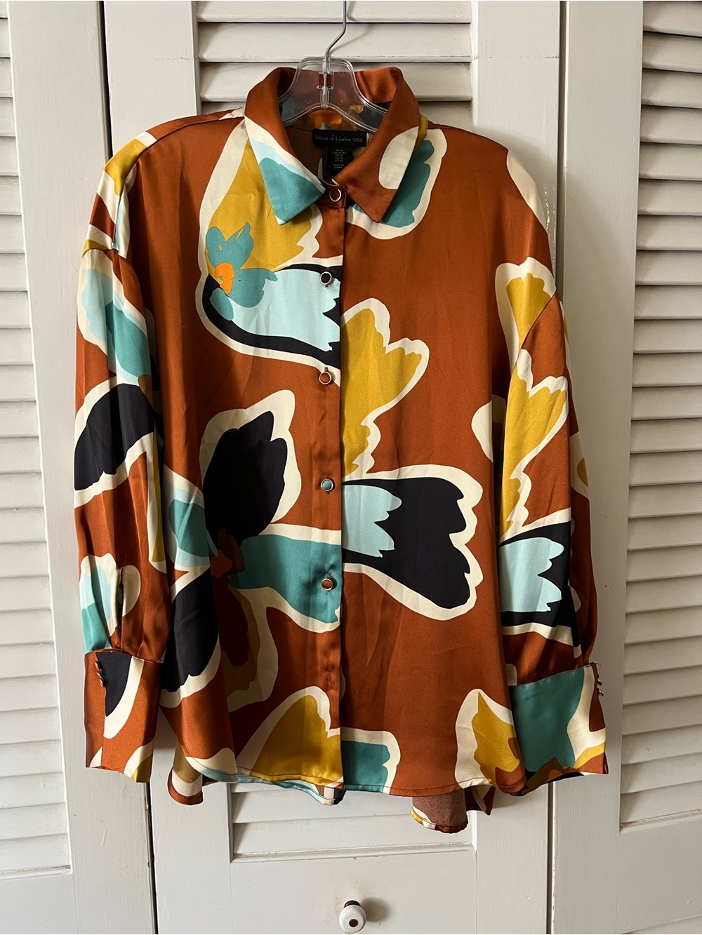 Women’s Floral Print Button-Up Shirt in Rust and Teal satin blouse